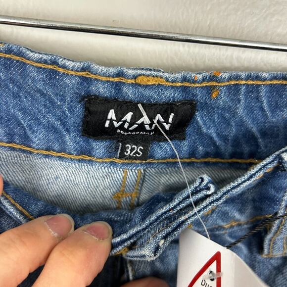 Boohoo Man Womens 32 Boho Flare Leg Paint Splatter blue Jeans denim new pants - Picture 4 of 7